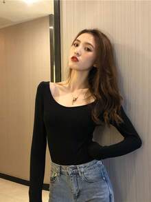 背中開き 工夫されたデザイン ローカット 黒 トップス レディース 春 ファッション Tシャツ フィット インナー 長袖 - ブラック - チェックする 3