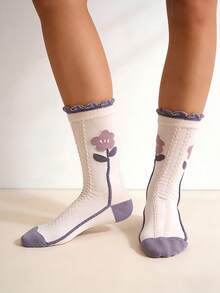 1双女士紫色丁香压花复古学院风中筒袜 - 白色 - 查看 5