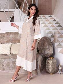 2026新款优雅杏色亮片刺绣阿拉伯连衣裙，JALABIA V领七分袖连衣裙，散发柔美斋月气息，适合宰牲节穿着，也可作为斋月服装、节日服饰或异域风情服饰。 - 杏色 - 查看 8