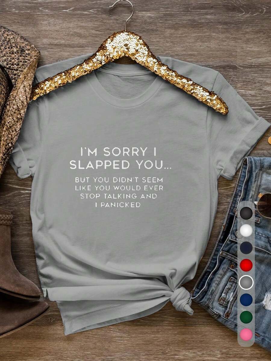 BlusasWomen's Funny "I'm Sorry I Slapped You" Sassy Text T-Shirt - 100% Soft Crew Neck Short Sleeve Casual Top With Bold White Print & Humorous Messag - 灰色 - 查看 1