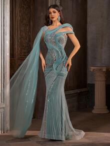 Luxuriöses Salbeigrün Pailletten Meerjungfrau Maxi Kleid mit elegantem Schal - Fesselndes Spiral Perlen Formal Kleid für Gala Hochzeitsparty - Minzgrün - Übersicht 6