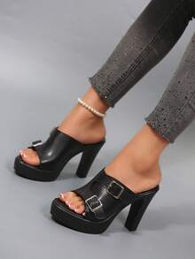 Summer New Black Double Buckle Thick Sole High Heel Slide Sandals, Versatile For Commuting And Dating, Increase Height - Black - View 7