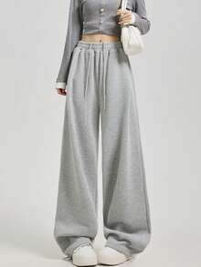 Pantalones de chándal rectos y holgados para mujer, pantalones anchos de pierna ancha con forro térmico grueso y casual para otoño/invierno - Gris - Ver 1