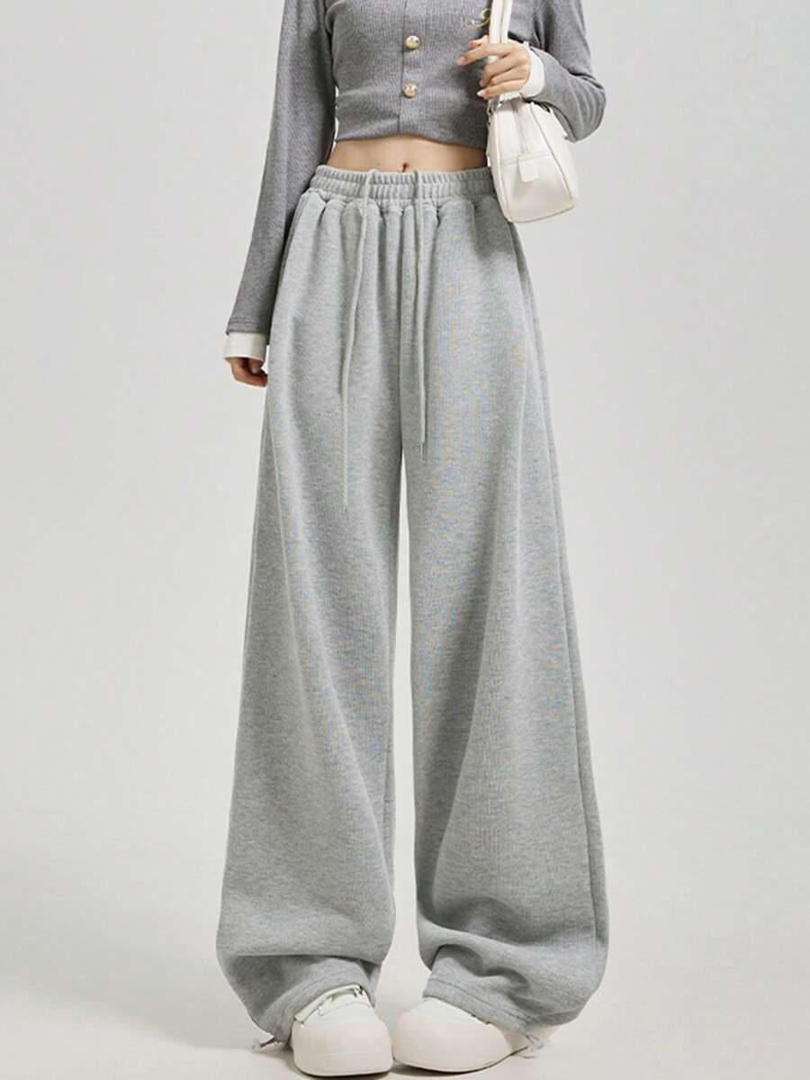 Pantalones de chándal rectos y holgados para mujer, pantalones anchos de pierna ancha con forro térmico grueso y casual para otoño/invierno - Gris - Ver 1