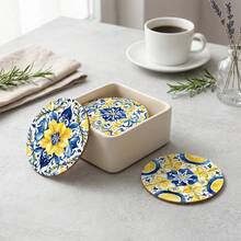 8pcs/Set Mediterranean Lemon Print Wooden Coasters, Kitchen Cup Mats, Tea & Coffee Drink Coasters, Suitable For Home, Restaurant, Cafe, Housewarming, Gift For Parents & Friends, Kitchen Decor, Tabletop Decor, Christmas Decor & Gift, Available In 1 Set, 2 Sets Or 23 Sets - Multicolor - View 1