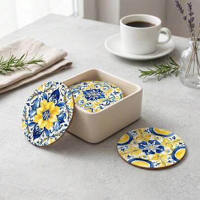 8 pièces/set Sous-verres en bois imprimés de citrons méditerranéens, tapis de tasse de cuisine, sous-verres à thé et café, convient pour la maison, le restaurant, le café, le cadeau de pendaison de crémaillère pour les parents et les amis, la décoration de cuisine, la décoration de table, la décoration et le cadeau de Noël, disponible en 1 set, 2 sets ou 23 sets