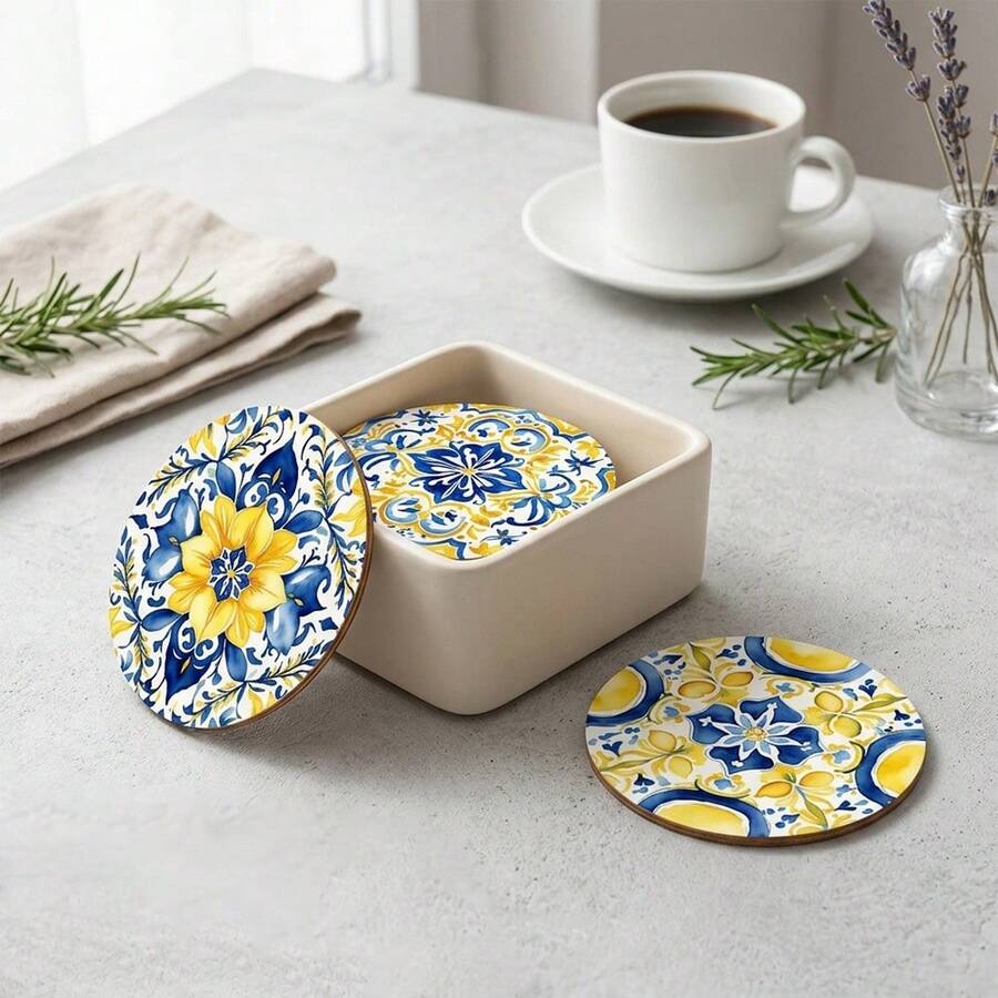 8pcs/Set Mediterranean Lemon Print Wooden Coasters, Kitchen Cup Mats, Tea & Coffee Drink Coasters, Suitable For Home, Restaurant, Cafe, Housewarming, Gift For Parents & Friends, Kitchen Decor, Tabletop Decor, Christmas Decor & Gift, Available In 1 Set, 2 Sets Or 23 Sets - Multicolor - View 1
