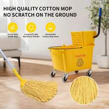 Mop Bucket With Wringer, 22 Qt (5.5 Gallon), Floor Cleaning, Handle, Wheels, 16.5" L X 10.6" W X 26.4" H, Yellow,Plus One Cotton Mop - 35 - 查看 6