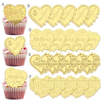 5pcs/10pcs/20pcs Gold Acrylic Heart Butterfly Rose Cupcake Toppers, Suitable For Mother's Day Theme, Mom's Birthday Party DIY Cake & Dessert Supplies