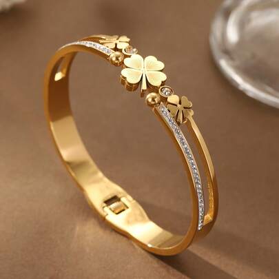 1 Bracelet: Summer Golden Lucky Four-Leaf Clover Bracelet, High-Quality Synthetic Zirconia Jewelry, Mother's Day Gift, Family Gift
