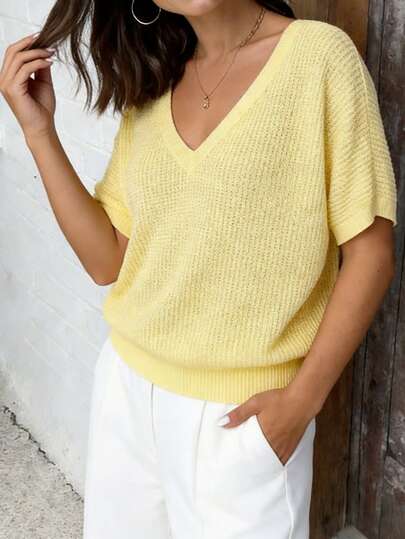 Damen Pullover in Große Größen, eleganter Casual-Stil, Einfarbiger V-Ausschnitt, Fledermausärmel, gerippter Strick Crop Pullover, geeignet für Alltag, Urlaub, Feiertage, Sommer, Muttertag Frühling