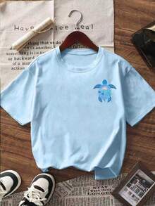 Short-Sleeved T-Shirt With A Sea Turtle Print, Minimalist And Modern Style, Perfect For Summer.Versatile And Ideal For Women. - Blue - View 5