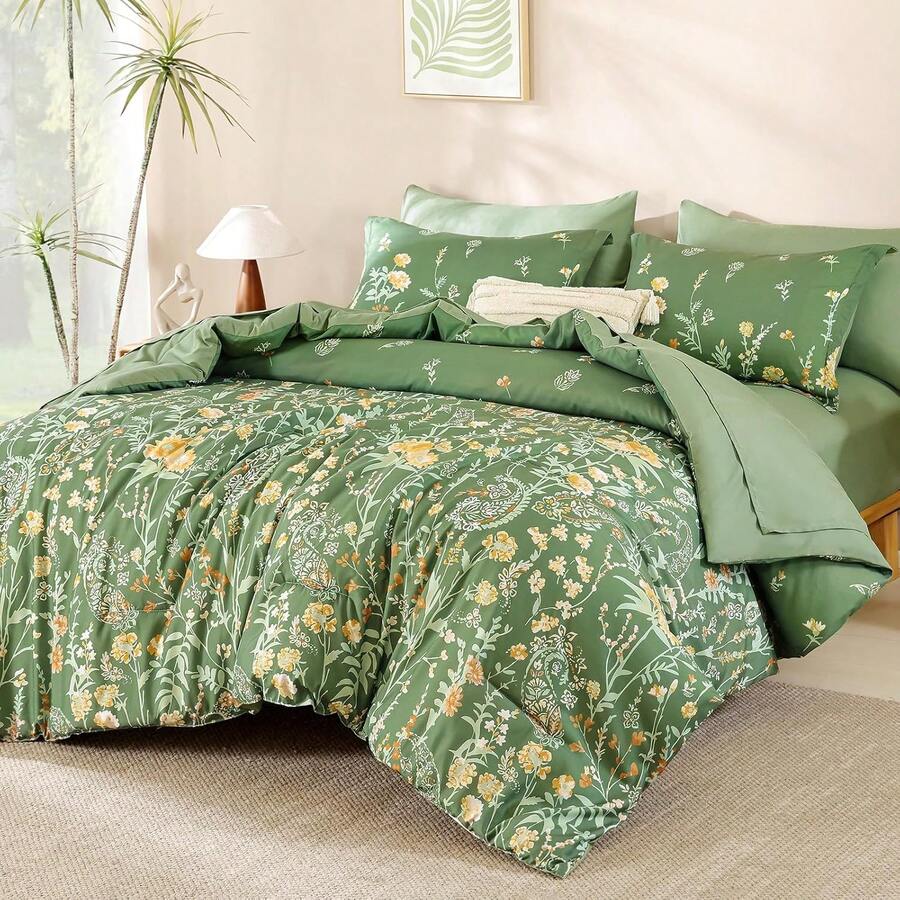 3 Piece Sage Green Watercolour Floral Comforter Set  Queen King Size, Watercolour Botanical Comforter Bedding Set, Bed In A Bag, Soft Microfiber Complete Bedding Set With 2 Pillowcases For Wedding Items,Valentines Day Home Bed Room Decor,Mothers Day Gift,All Season - Sage Green01 - 查看 1