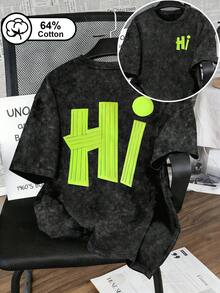 Camiseta de manga corta con estampado de letra simple y fresca para mujer, diseño de lavado de nieve vintage, adecuada para uso al aire libre, parte superior de mujer, ropa de verano, camiseta de manga corta de moda streetwear, adecuada para uso casual diario, efecto de lavado desgastado, parte superior con estampado delantero y trasero, camiseta de manga corta de lavado desgastado streetwear en color negro - Negro - Ver 1