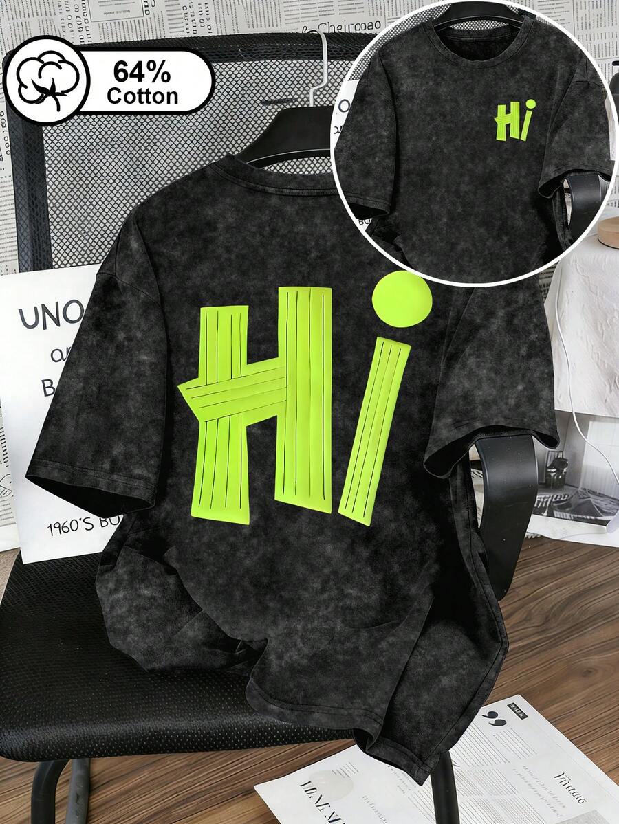 Camiseta de manga corta con estampado de letra simple y fresca para mujer, diseño de lavado de nieve vintage, adecuada para uso al aire libre, parte superior de mujer, ropa de verano, camiseta de manga corta de moda streetwear, adecuada para uso casual diario, efecto de lavado desgastado, parte superior con estampado delantero y trasero, camiseta de manga corta de lavado desgastado streetwear en color negro - Negro - Ver 1