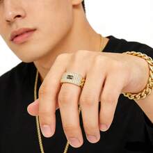 Hip Hop Rapper 5A+ CZ Stone Paved Bling Ice Out Cuban Chain Logo Finger Rings For Men Jewelry Golden Color Drop Shipping - 金色 - 查看 11