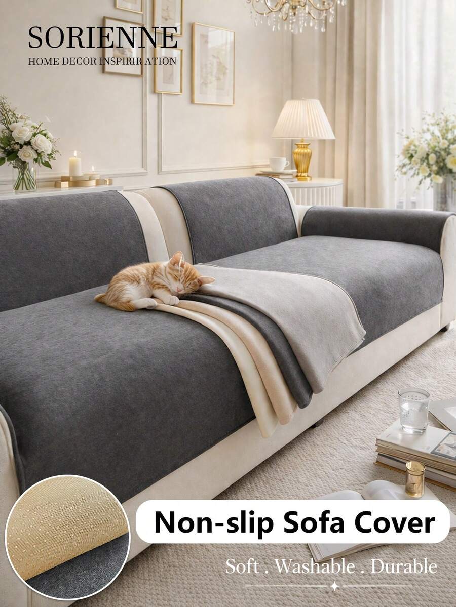 1pc Modern Solid Color Sofa Cover, Luxury Cream Sofa Slipcover, Anti-Slip, Scratch-Resistant, Dirt-Proof, Pet-Friendly Sofa Protector For 1/2/3/4 Seater And L-Shaped Sofa, Suitable For All Seasons, Machine/Hand Washable, Holiday Decor