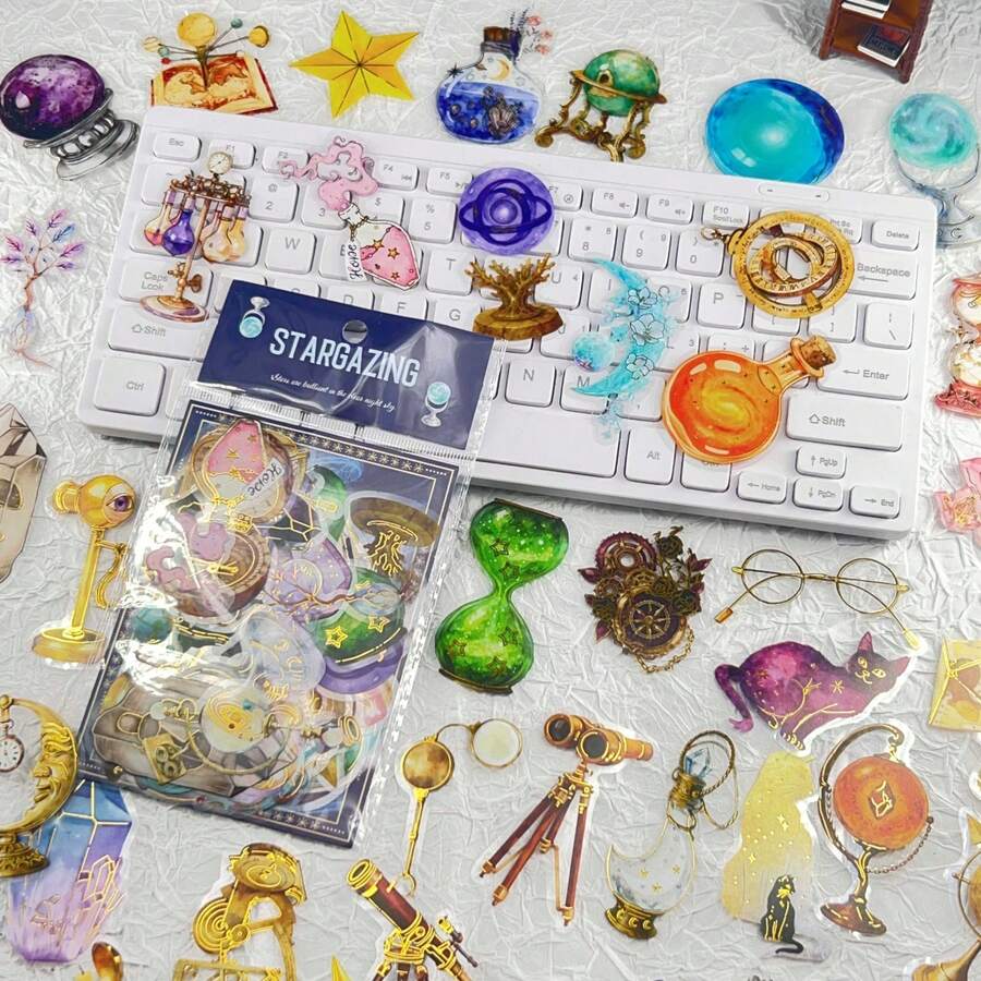 50Pcs Transparent Wizard Sticker Golden Foil Aesthetic Stickers Craft Supplies PET Vinyl Sticker