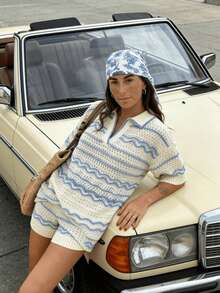 Women's Summer Crochet Knit 2-Piece Shorts Set, Loose Striped V-Neck Top And Shorts Set, Fashionable Summer Knit Outfit, Suitable For Spring/Summer Daily Commute And Outings - Multicolor - View 5