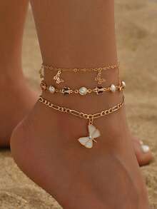 Bohemian Style Beaded Anklet Set With Butterfly Pendant, Multi-Layer Beach Vacation Anklets (Random Color Butterfly Pattern) - Multicolor - View 1