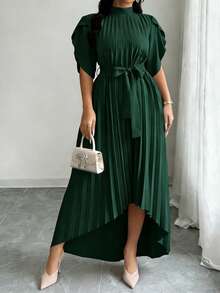 Élégante jupe longue plissée vert olive grande taille, col montant, manches à volants, taille avec lien, ourlet asymétrique, style décontracté de villégiature, nouvelle arrivée printemps/été 2026 pour femmes - Vert sapin - Voir 4