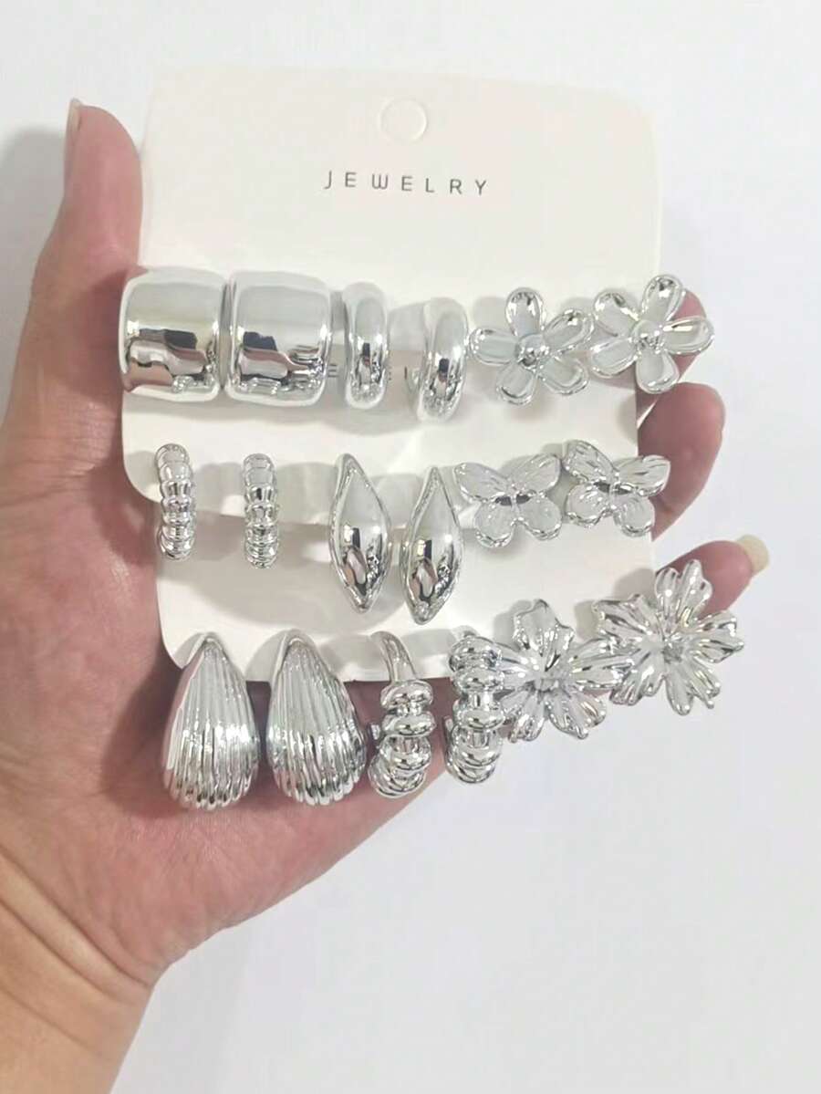 Bộ 3-9 đôi khuyên tai bạc độc đáo, phong cách ngọt ngào và cá tính, đa năng. - Bạc - Xem 1