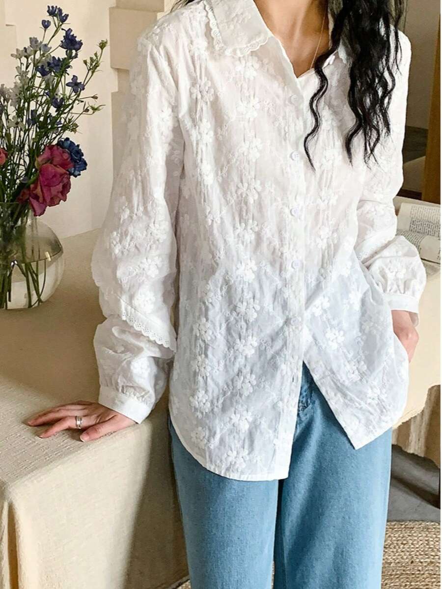 Blusa blanca con cuello de encaje para mujer, nueva para primavera/verano, con mangas farol, cuello de polo de manga larga, elegante y madura - Blanco - Ver 1