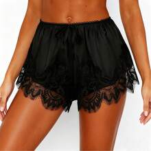 Boho Women's Lace Trim Satin Silk Shorts Shiny Elastic Waist Mini Shorts Pettipants Half Slip Shorts French Knickers Boyshorts For Dresses Full Coverage Underwear Lounge Pants - FJ305-黑色 - 查看 5