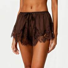 Boho Women's Lace Trim Satin Silk Shorts Shiny Elastic Waist Mini Shorts Pettipants Half Slip Shorts French Knickers Boyshorts For Dresses Full Coverage Underwear Lounge Pants - FJ305-棕色 - 查看 7