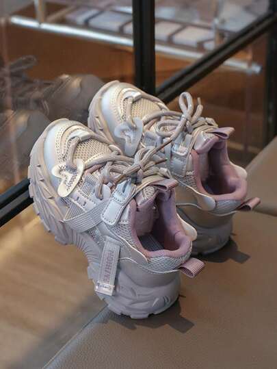 1 Pair Girls' Purple-Gray Chunky Sneakers, Multi-Material Patchwork + Woven Laces, Combining Fashion And Playfulness Perfectly - Stylish And Versatile, With Both Looks And Fashionable Appeal.