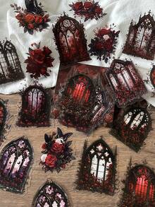 15pcs/Pack Rose Window Theme Stickers For Scrapbooking, Creative Aesthetic Sticker Decals, DIY Decorative Craft Materials, Holiday Gift, Personalized Scrapbook School Supplies - 2. Window Lattice In the Dark - View 2