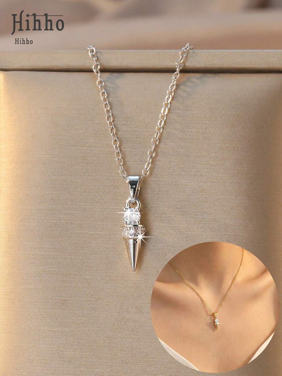 1 chiếc vòng cổ hình viên đạn/hình nón đính đá Zirconia, thiết kế nhọn 3D, một viên đá Zirconia chính và các viên kim cương nhỏ xung quanh, hình viên đạn tượng trưng cho lòng dũng cảm, sức mạnh, cá tính, phù hợp cho phụ nữ đeo hàng ngày. - đầu đạn - Xem 1