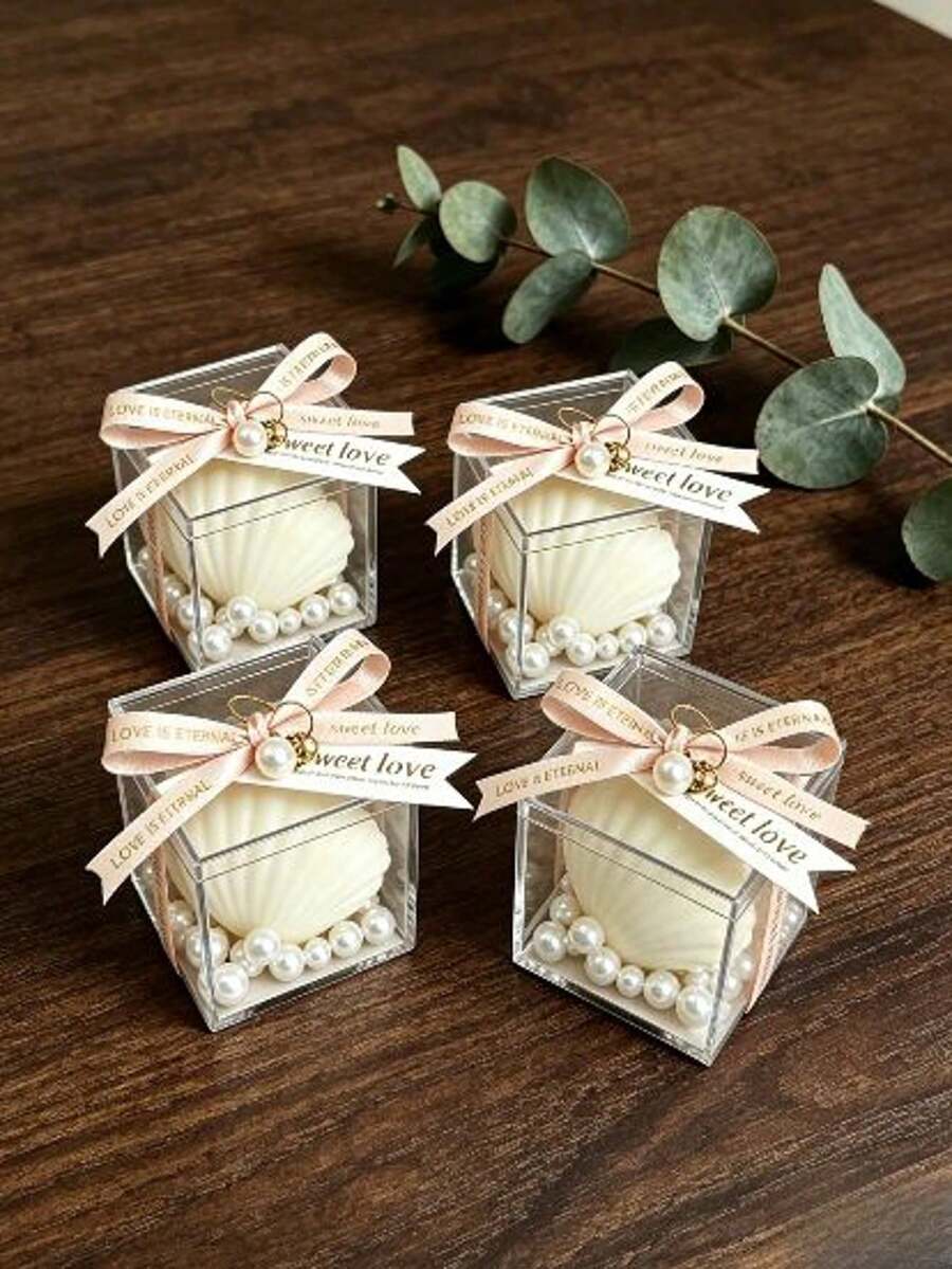 1pc - Ribbon Shell Gift Box Candle - Romantic Gift Box Decoration, Birthday Gift, Bridesmaid Keepsake, Holiday Scented Candle, Mother's Day Handmade Candle, Home Fragrance Candle, Wedding Favor Decoration - White - View 1