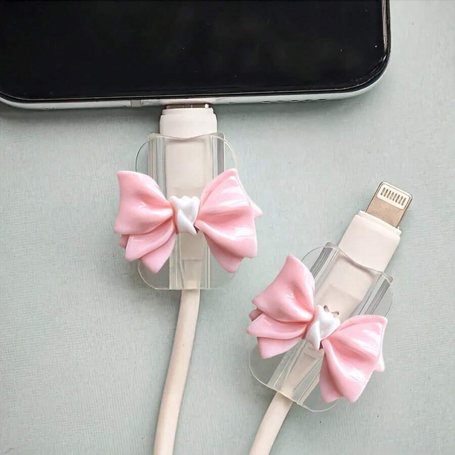 2pcs Pink Ruched Bow Universal Lightning (5-14) Type-C Cable Protector - Durable, Fracture-Resistant, Fashionable Phone Accessory Design - Plastic Cable Protector With Cute Bow Decoration, Charging Cable Protector - Multicolor - View 1
