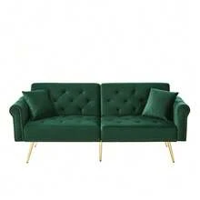 Modern 2-Seater Sofa Bed – Velvet Upholstery, 3-Position Adjustable Backrest & Gold-Plated Metal Feet. Stylish Sofa With Sleeping Function – Space-Saving, Durable, Ideal For Small Rooms. - 綠色 - 查看 12