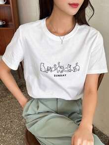 Camiseta con Gráficos de Dibujos Animados y Letras , Estilo Preppy - Blanco - Ver 10
