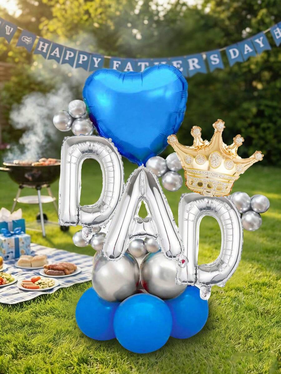 28pcs/Set Blue Heart Father's Day Aluminum Foil Balloon Set, Includes Blue Hearts, Silver Latex, "DAD" Letters, Suitable For Father's Day Thanksgiving, Father's Day Gifts, Living Room Decor, Photo Ops, Dad's Birthday Decor, Holiday Party Decor - Multicolor - View 1