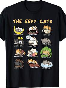 Camiseta de la colección de chistes de gatos durmiendo divertidos de Eepy Cats, de manga corta y cuello redondo suave, con frases y expresiones de gatos durmiendo. Regalo humorístico para amantes de los gatos. Ropa casual para hombre (mismo estilo para hombre y mujer). Camiseta estampada de manga corta para el verano de 2026. - Negro - Ver 6