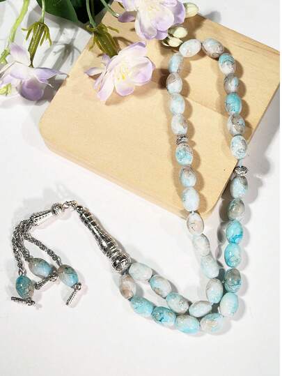 1 chiếc vòng tay hạt cầu nguyện Hồi giáo hình bầu dục ba sợi bằng bạc, 33 hạt, chất liệu trang trọng dùng cho việc thờ cúng.