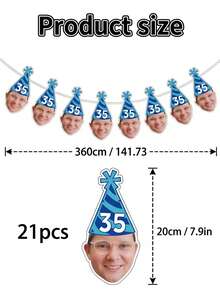 7/14/21pc Custom Photo & Number Birthday Hat Banner – Personalized Blue Striped Party Hat Garland With Face Photo | First Birthday, Back To School - Multicolor - View 4