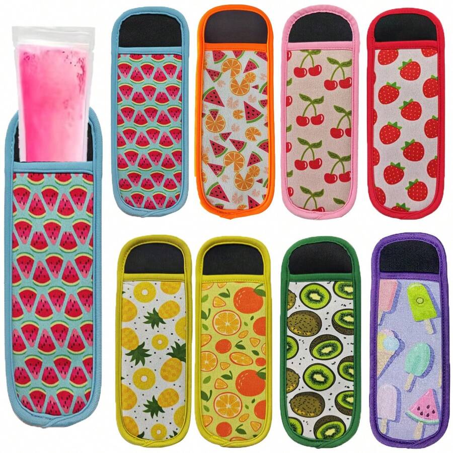 8pcs Chloroprene Rubber Ice Pop Sleeves, Fruit & Ice Cream Pattern, Washable Reusable Ice Pop Holders, Non-Food Contact, Assorted Designs, Kitchen Utensil Accessories - Multicolor - View 1