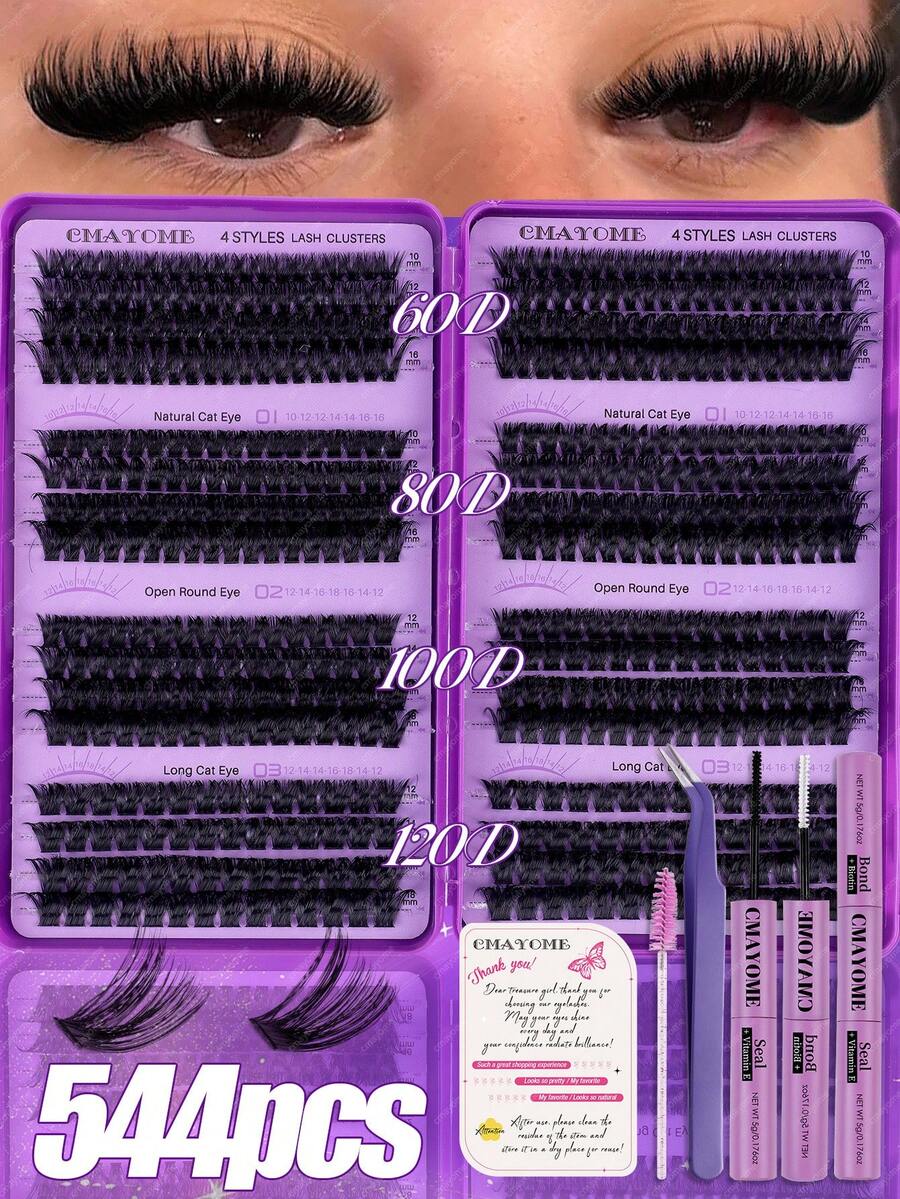 这款DIY D型卷翘假睫毛套装（640/544片，10D-120D，10-16毫米）包含胶水、定型液、镊子和睫毛刷，可打造柔软自然的睫毛效果。大容量套装包含假睫毛、镊子和睫毛刷，蓬松柔软，适合初学者，多种睫毛组合可满足不同的眼妆需求。