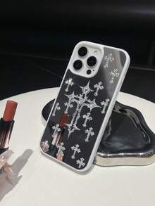 1pc Silver Spray Oil Skin Feel Rhinestone Cross Mirror Inlaid Shockproof 2-In-1 Phone Case Suitable For IPhone 14 Pro Max/17 Pro Max/15 Pro Max - Silver - View 5