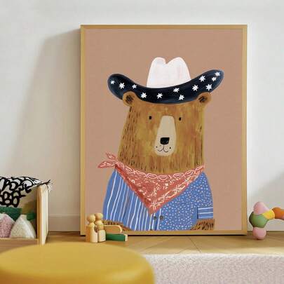 1pc Canvas Wall Art With Frame, Vintage Cowboy Bear Design, Western Style Decor For Kids Room, Wilderness Bear Theme Children's Room Animal Poster, Retro Cowboy Art, Western Style Kids Room Wall Art, Cowboy Poster For Boys, Rustic Cowboy Decor, Suitable For Toddlers, Nursery Decor, Children's Room Poster, Preschool Education Art, Daycare Decoration, Newborn Decor, Gift, Party Decoration, Waterproof