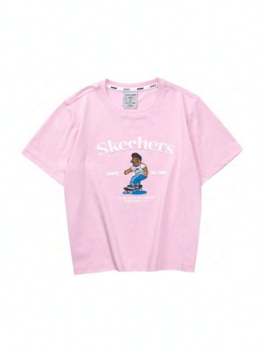 Skechers Áo thun ngắn tay nữ in chữ, thoáng khí, kiểu dáng thường ngày, thích hợp cho mùa xuân/hè. - Hồng - Xem 1