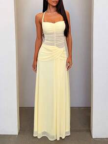 Women Elegant Off-Shoulder Backless  Dress Strapless Sleeveless Design Dating Party Long Dresses - 黃色 - 查看 2