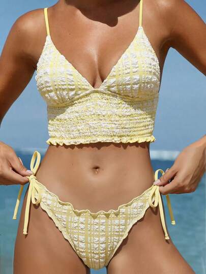 Nuevo conjunto de bikini elegante, dulce y lindo con estampado de cuadros de 2 piezas, traje de baño con estilo campus Y2K fresco, incluye top corto con volantes, tirantes de espagueti, escote en V y tanga de corte alto, hecho de tela texturizada especial, elástico y cómodo, adecuado para playa de verano, fiesta de natación, festival de música, boda y otras ocasiones de vacaciones