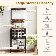GOFLAME Industrial Freestanding Wine Rack, Tall Floor Wine Bar Cabinet With Glass Racks, Bottle Holders & Hooks, Rustic Brown Coffee Bar Cabinet With Storage For Home, Dining Room - Rust Brown - View 7