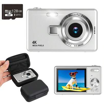 Cámara digital 4K, nueva cámara digital compacta con zoom 16X, pantalla HD de 2.4", creación de video de píxeles, adecuada para estudiantes; Cámara CCD, tarjeta de memoria de 128GB y bolsa de almacenamiento incluidas de forma gratuita
