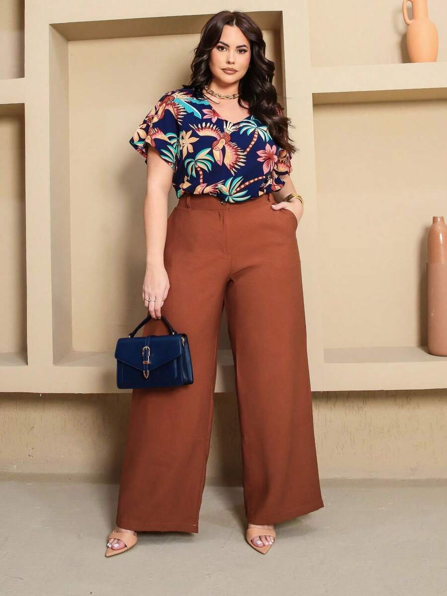 Women's Plus Size Wide-Leg Pants With Elastic Waistband, Button, And Zipper - Rust Brown - View 1